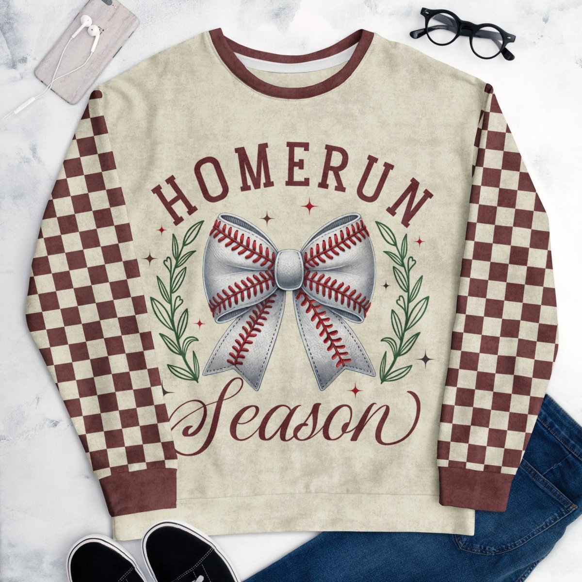 Sweatshirt with 'Homerun Season' design featuring a baseball bow on a checkered background.