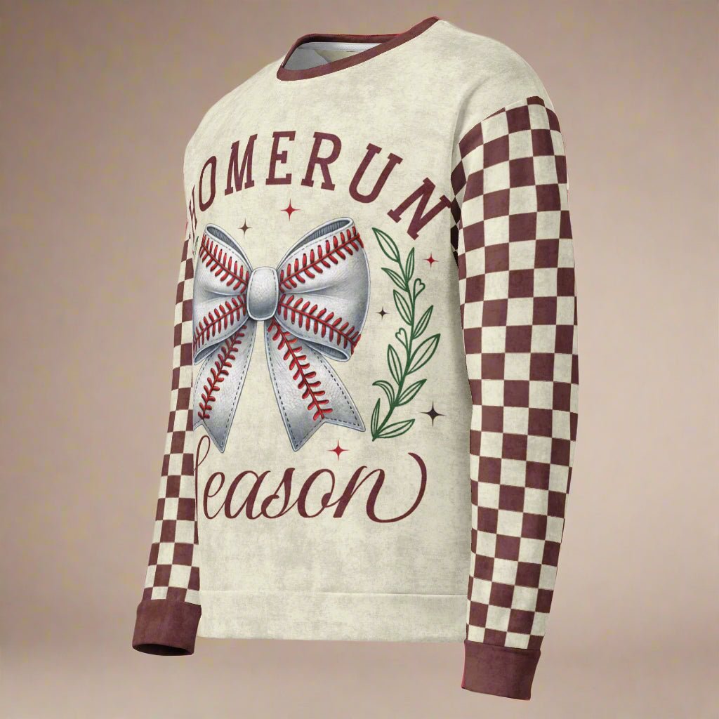 Sweater with 'Homerun Season' design featuring a baseball bow on a beige background
