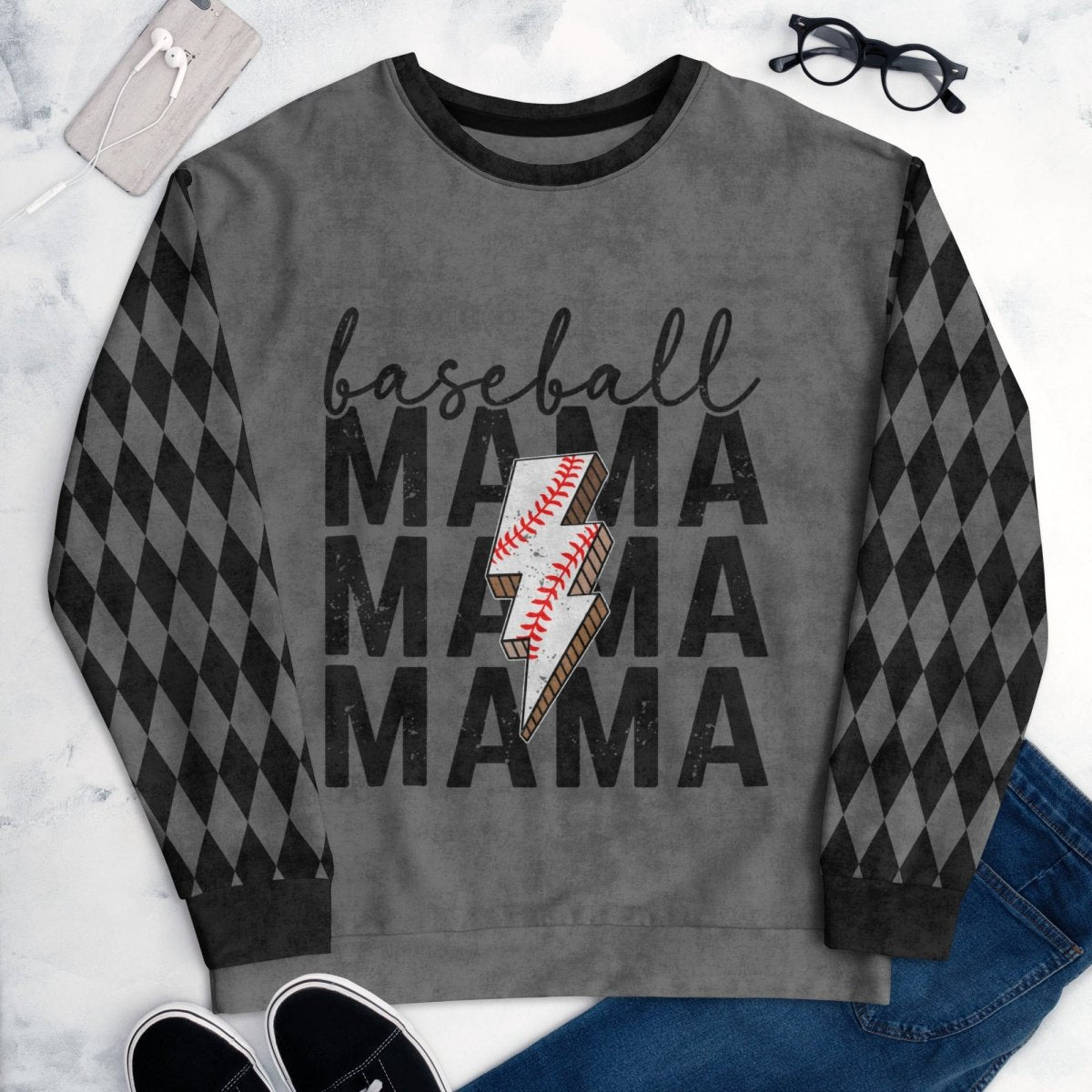Gray sweatshirt with 'baseball MAMA' text and checkered sleeves on a marble background.