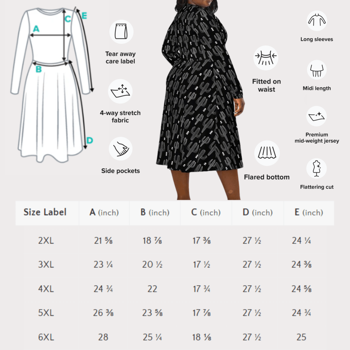 Black Cactus Print Midi Dress with Pockets | Long Sleeve Western - Inspired Desert Dress - Midi Dress