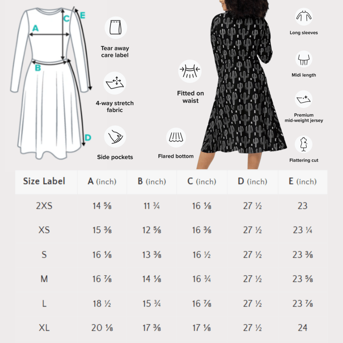 Black Cactus Print Midi Dress with Pockets | Long Sleeve Western - Inspired Desert Dress - Midi Dress
