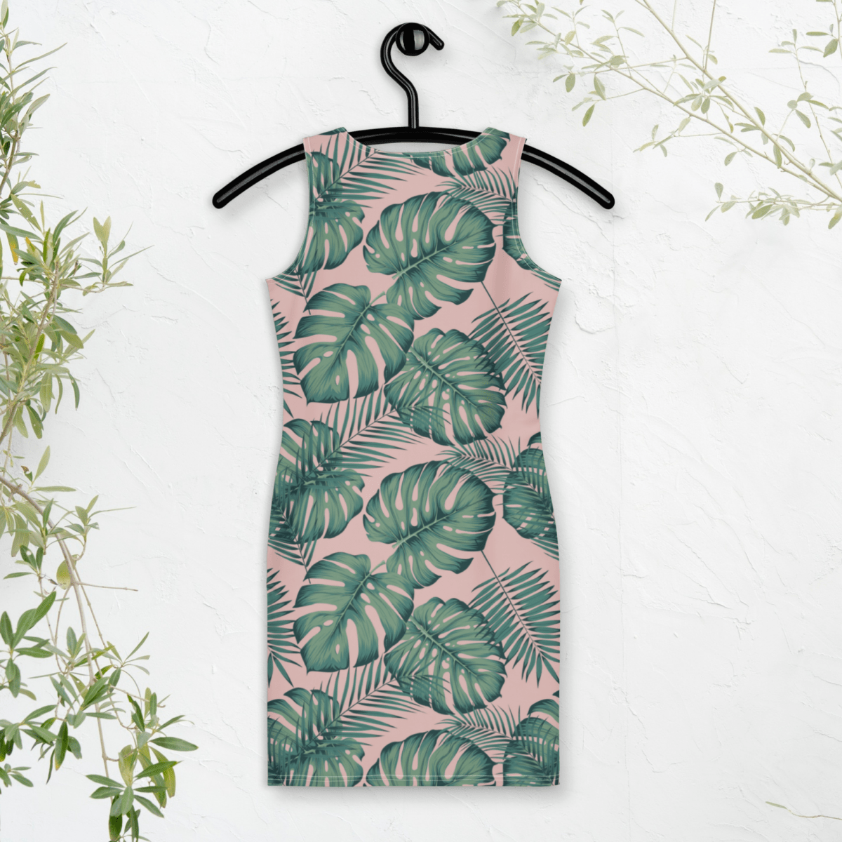 Blush Jungle Bodycon Dress | Tropical Monstera Leaf Print on Soft Pink - Bodycon Dress