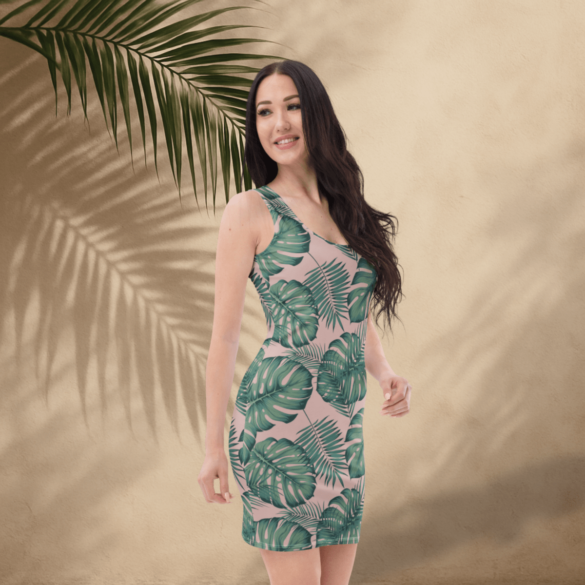 Blush Jungle Bodycon Dress | Tropical Monstera Leaf Print on Soft Pink - Bodycon Dress