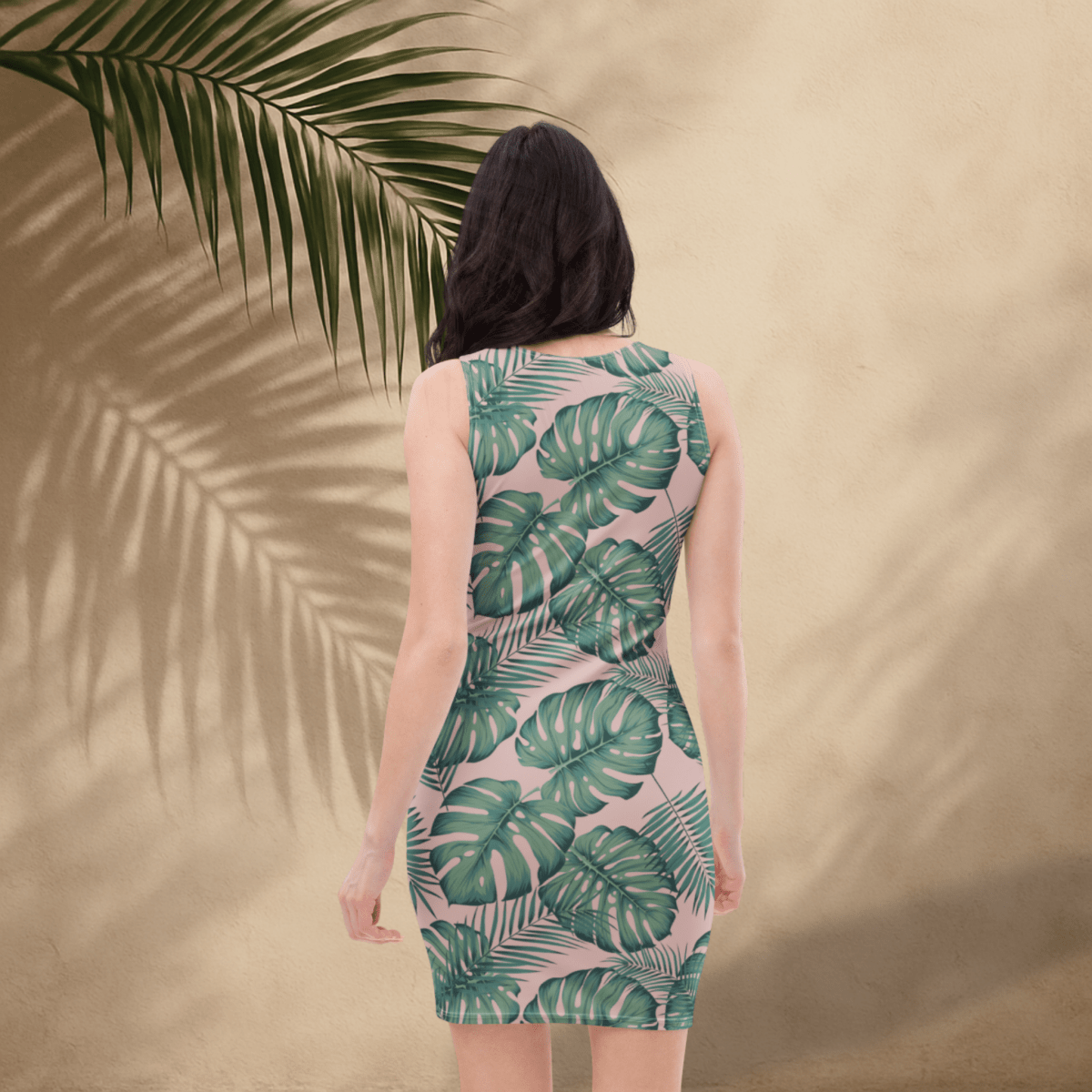 Blush Jungle Bodycon Dress | Tropical Monstera Leaf Print on Soft Pink - Bodycon Dress