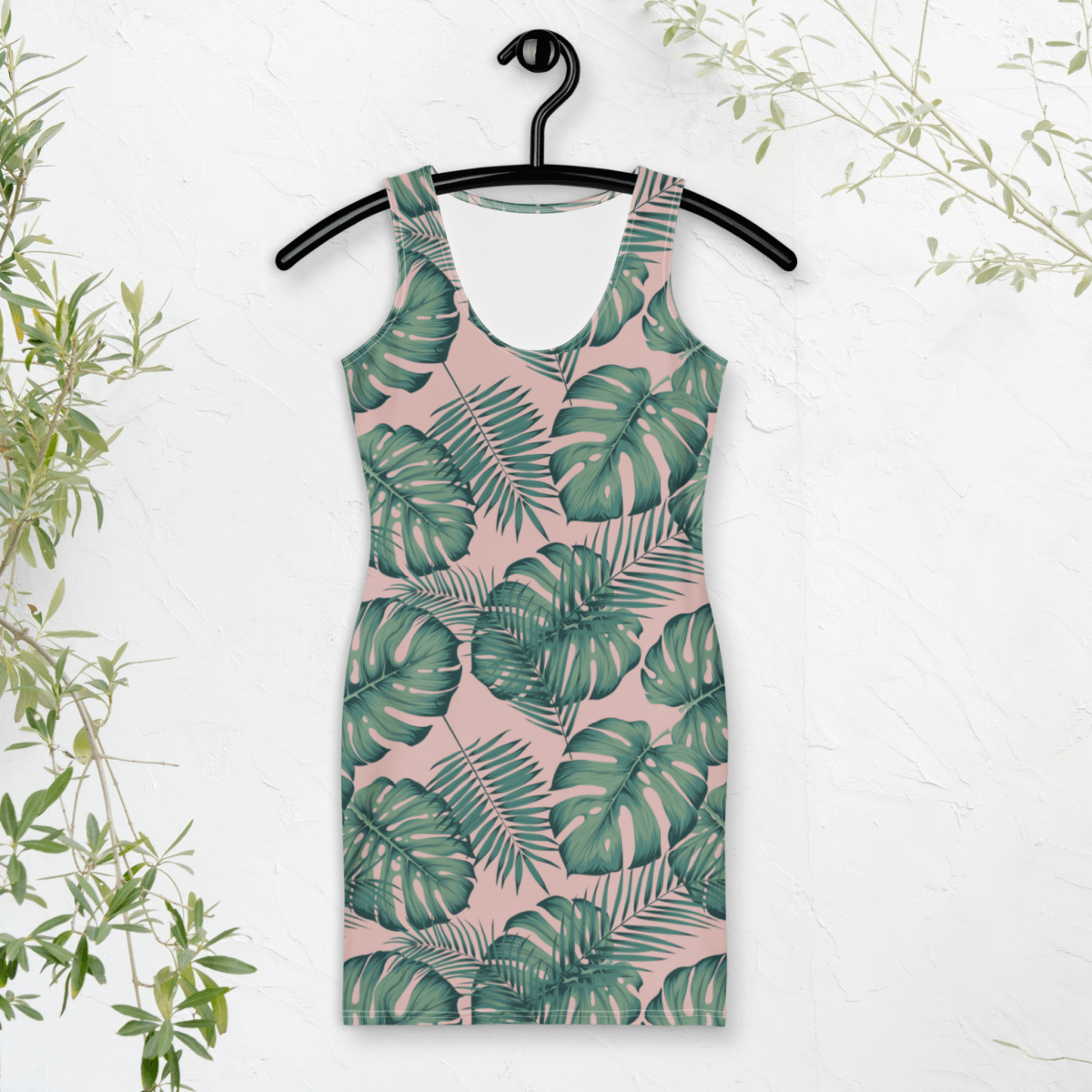 Blush Jungle Bodycon Dress | Tropical Monstera Leaf Print on Soft Pink - Bodycon Dress