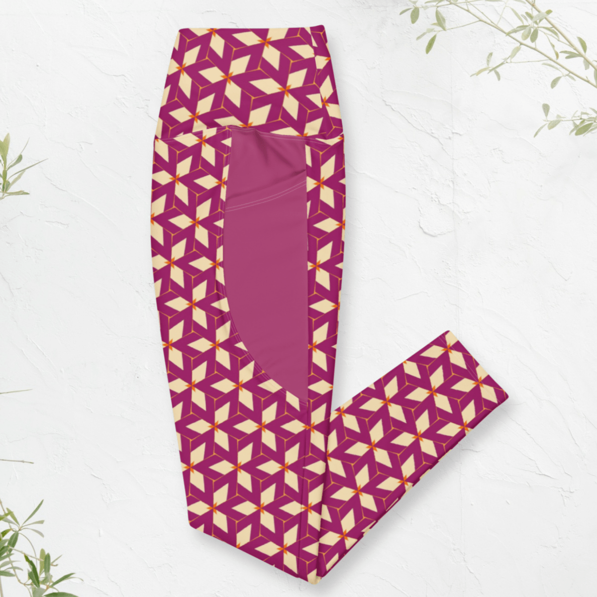 Bold Geometric Recycled Pocket Leggings | Plum & Cream Compression Fit