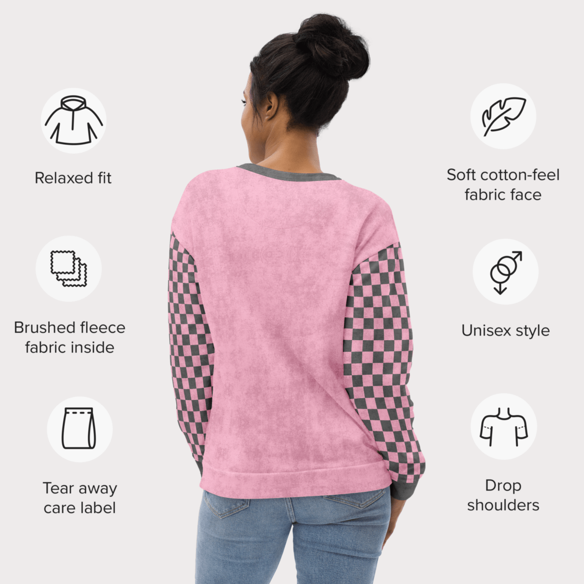 Person wearing a pink sweatshirt with checkered sleeves, surrounded by icons and text describing features.