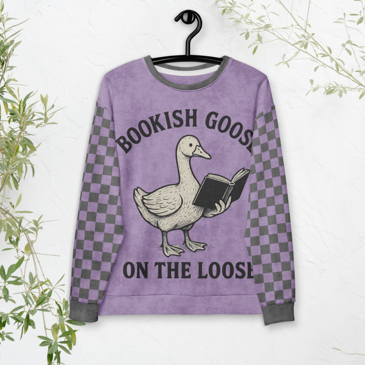 Bookish Goose On the Loose Sweatshirt – Lavender Checkerboard Pastel Academia Crew