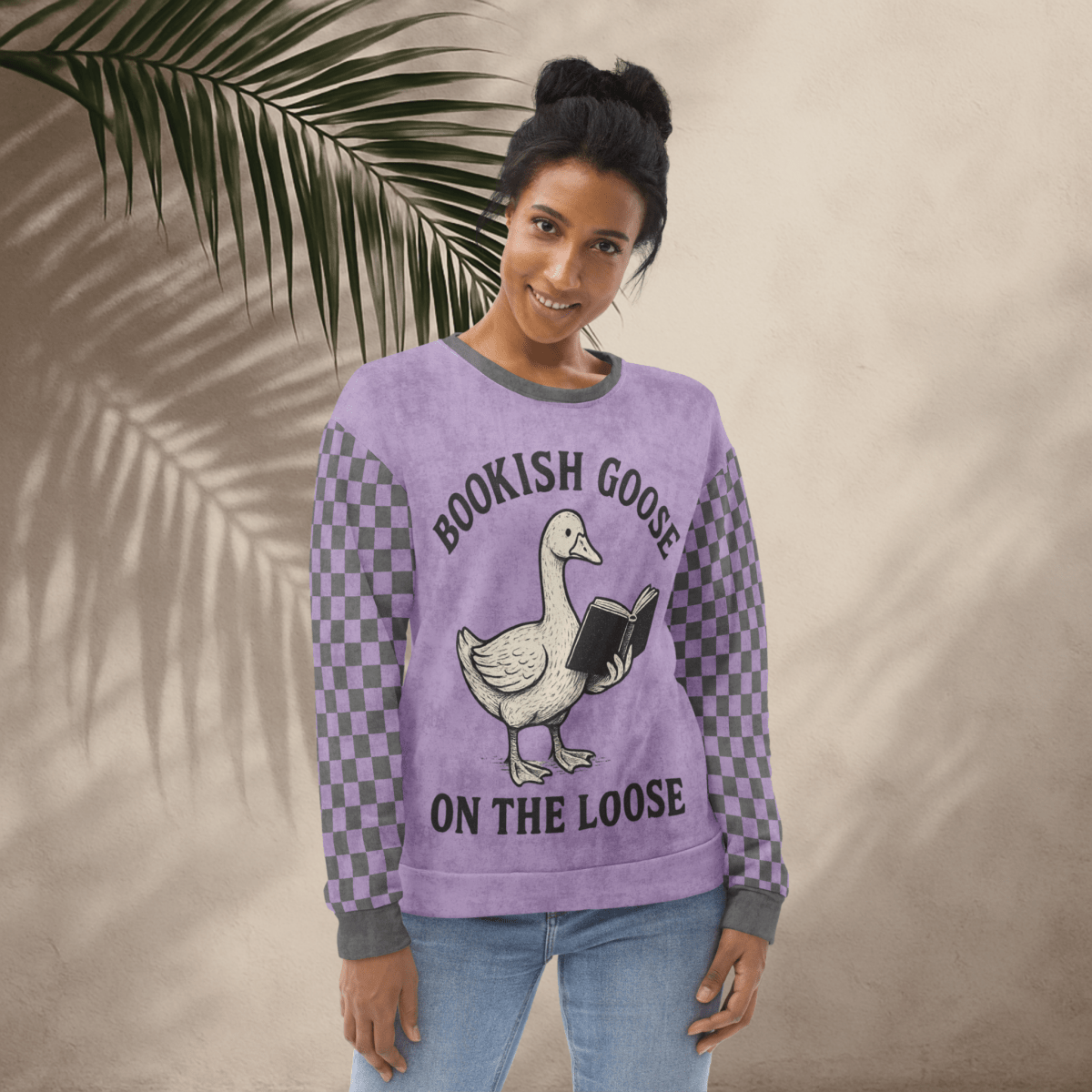Bookish Goose On the Loose Sweatshirt – Lavender Checkerboard Pastel Academia Crew