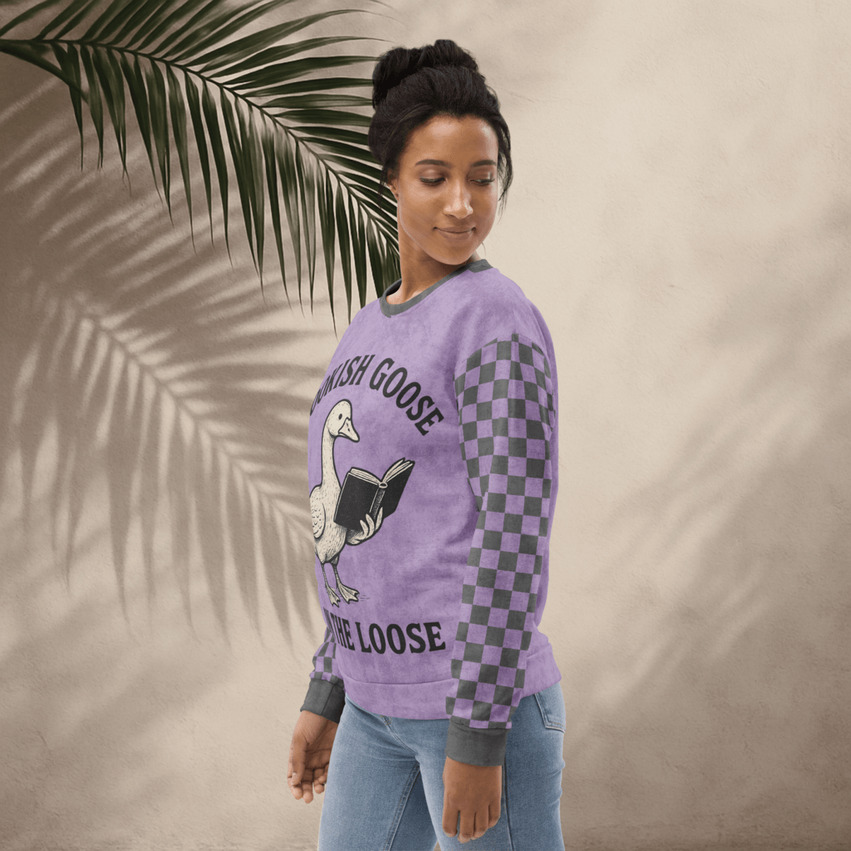Bookish Goose On the Loose Sweatshirt – Lavender Checkerboard Pastel Academia Crew