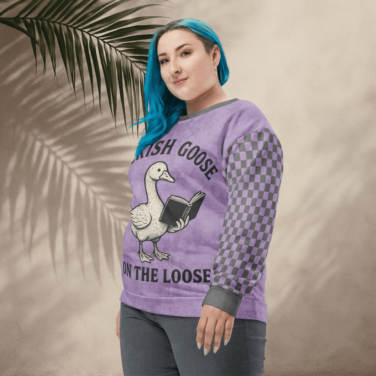 Bookish Goose On the Loose Sweatshirt – Lavender Checkerboard Pastel Academia Crew