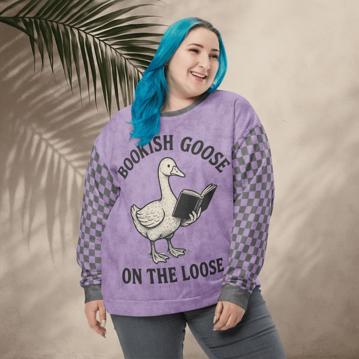 Bookish Goose On the Loose Sweatshirt – Lavender Checkerboard Pastel Academia Crew