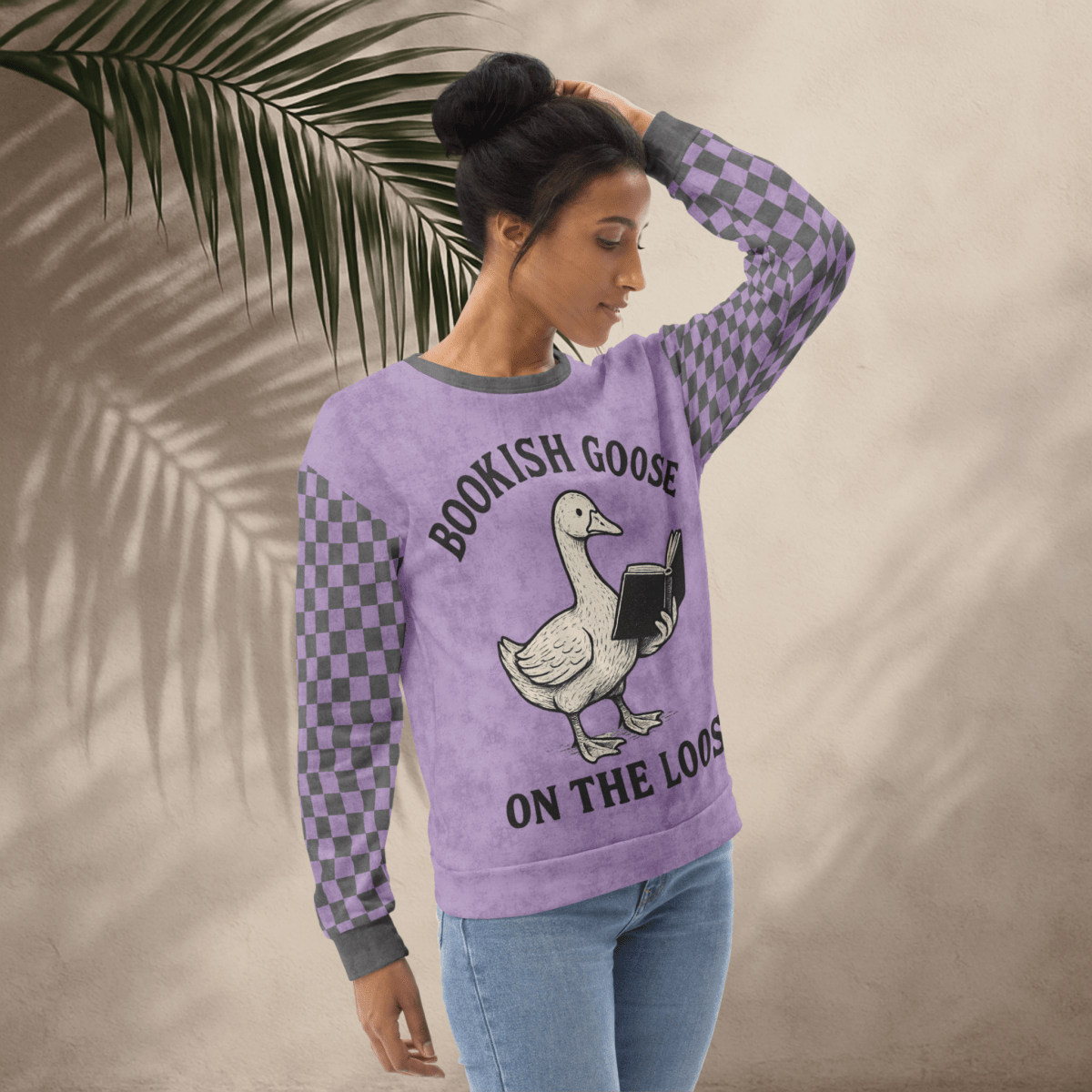 Bookish Goose On the Loose Sweatshirt – Lavender Checkerboard Pastel Academia Crew