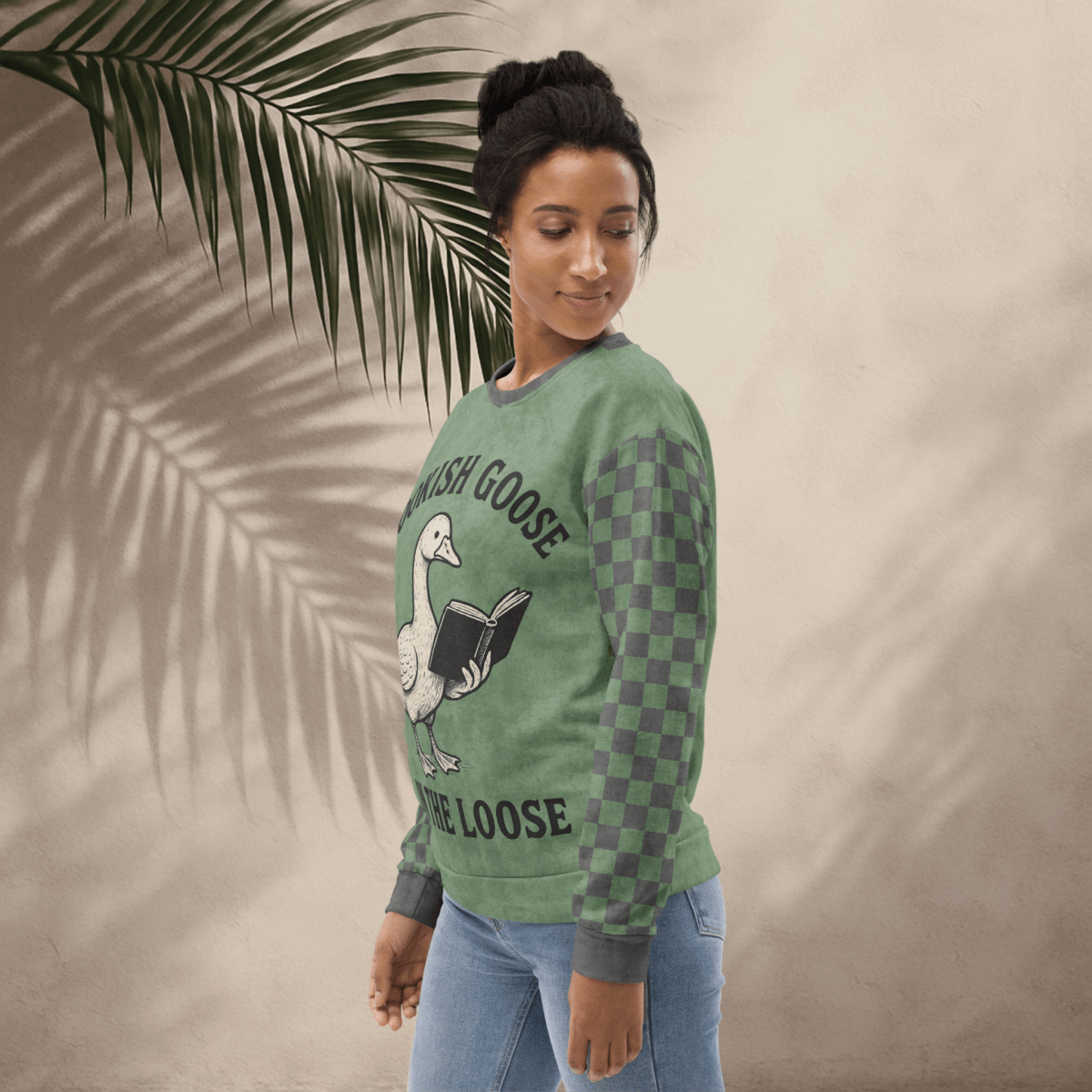 Bookish Goose On the Loose Sweatshirt – Sage Green Checkerboard Academia Crew