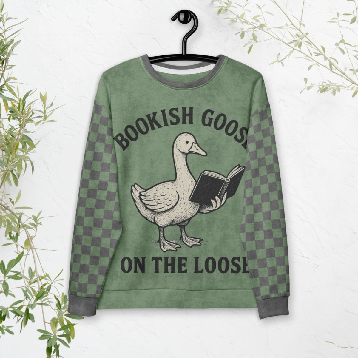 Bookish Goose On the Loose Sweatshirt – Sage Green Checkerboard Academia Crew