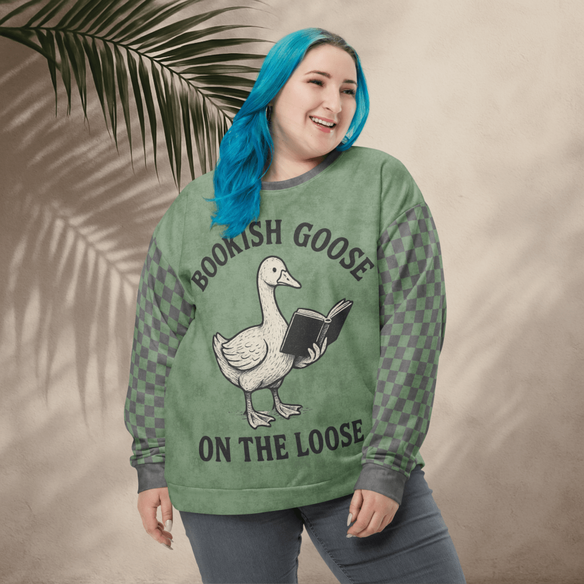 Bookish Goose On the Loose Sweatshirt – Sage Green Checkerboard Academia Crew