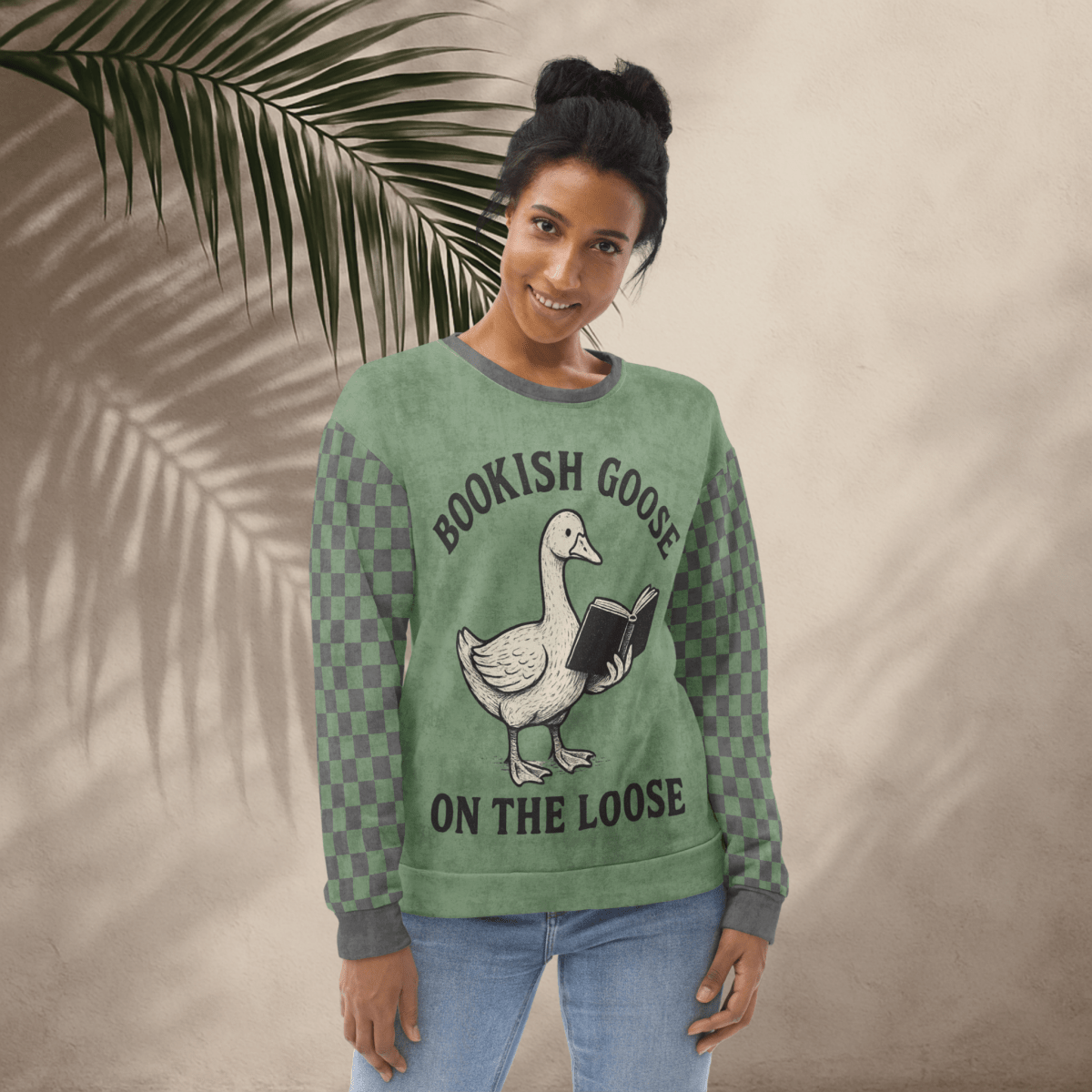Bookish Goose On the Loose Sweatshirt – Sage Green Checkerboard Academia Crew