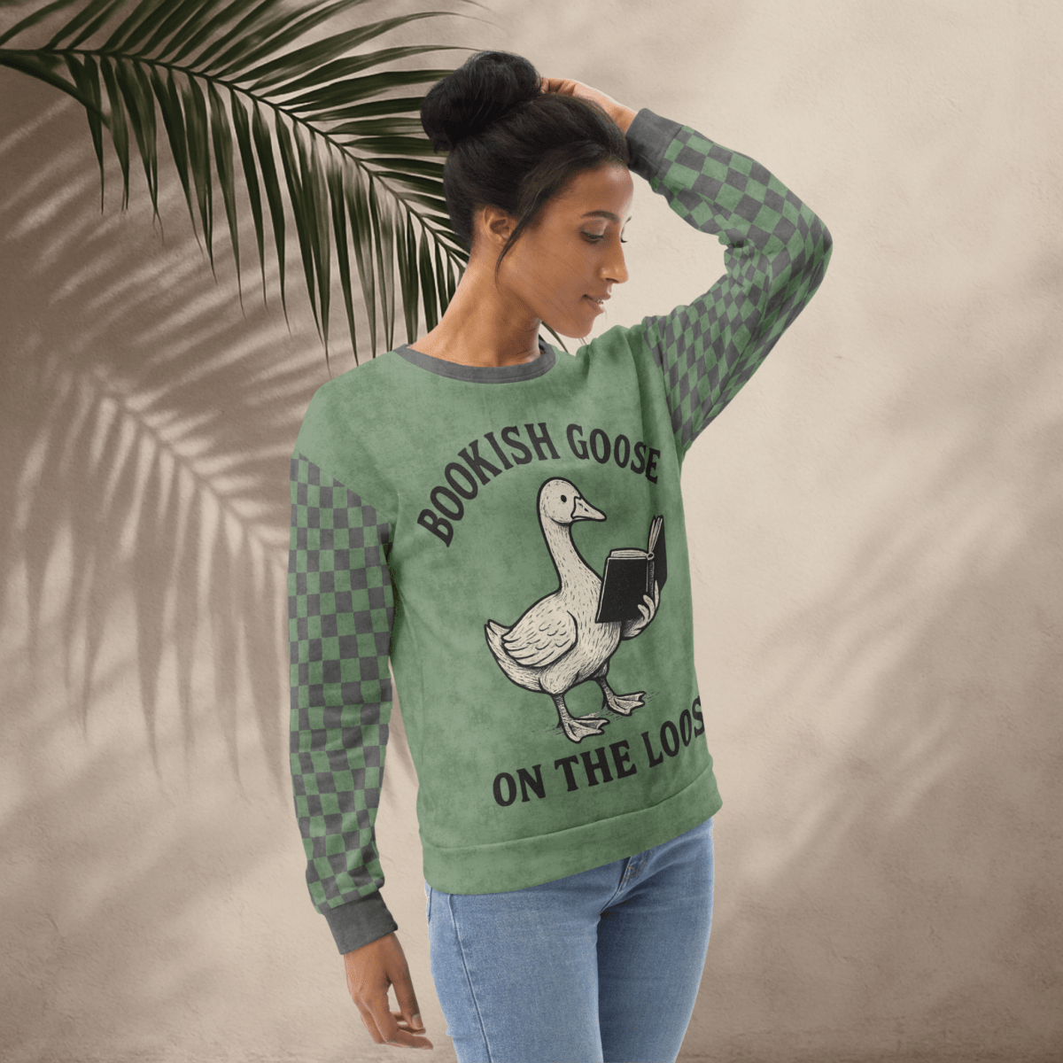 Bookish Goose On the Loose Sweatshirt – Sage Green Checkerboard Academia Crew