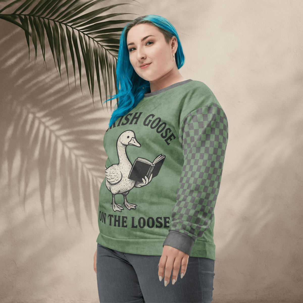Bookish Goose On the Loose Sweatshirt – Sage Green Checkerboard Academia Crew