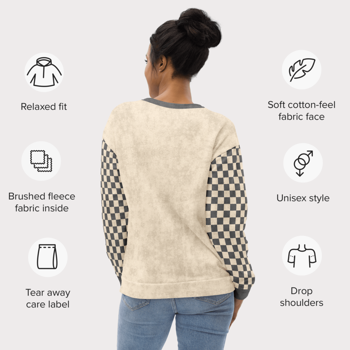 Person wearing a checkered sweater with text describing features on the left and right sides.