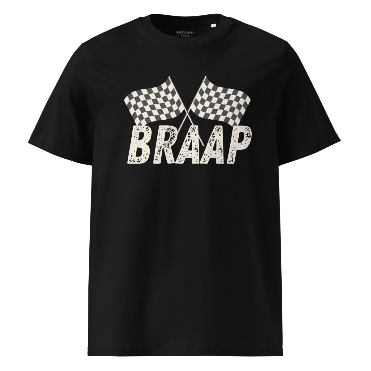 Black t-shirt with 'BRAAP' and checkered flags design on a white background