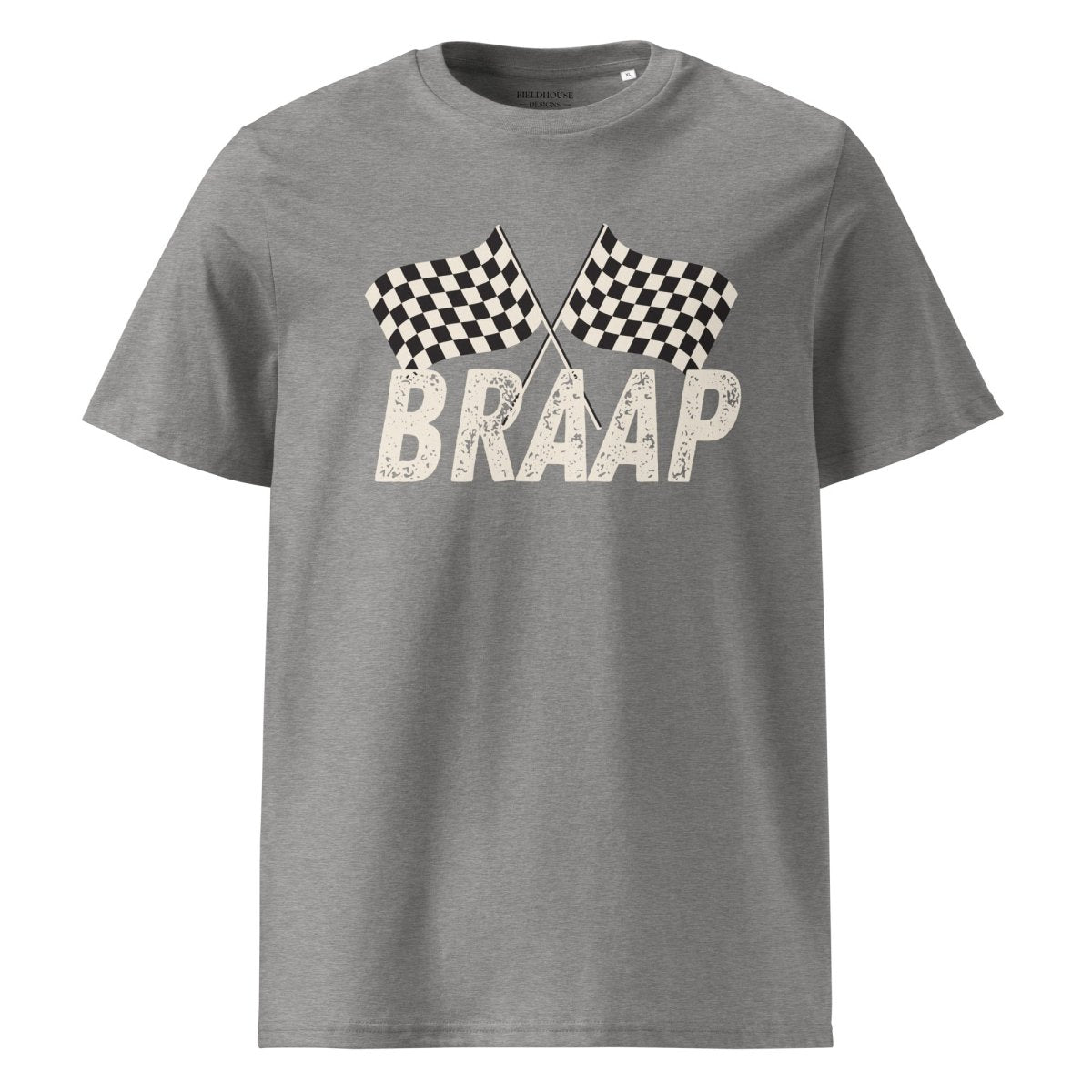 Gray t-shirt with checkered flags and 'BRAAP' text on a white background