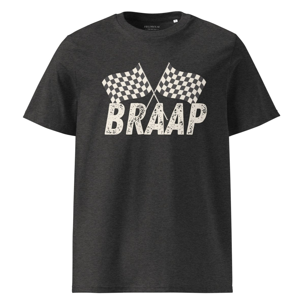 Black t-shirt with 'BRAAP' and checkered flag design on a white background