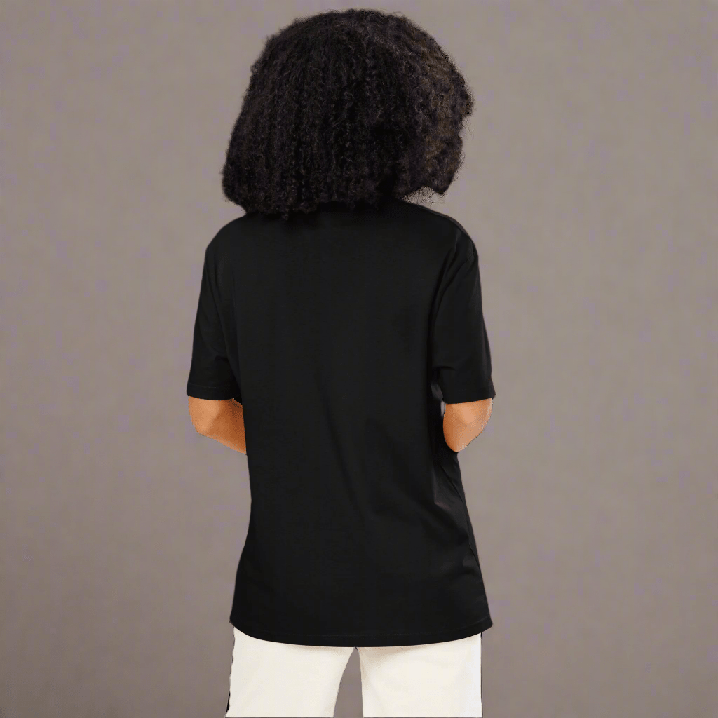 Person wearing a black t-shirt on a white background