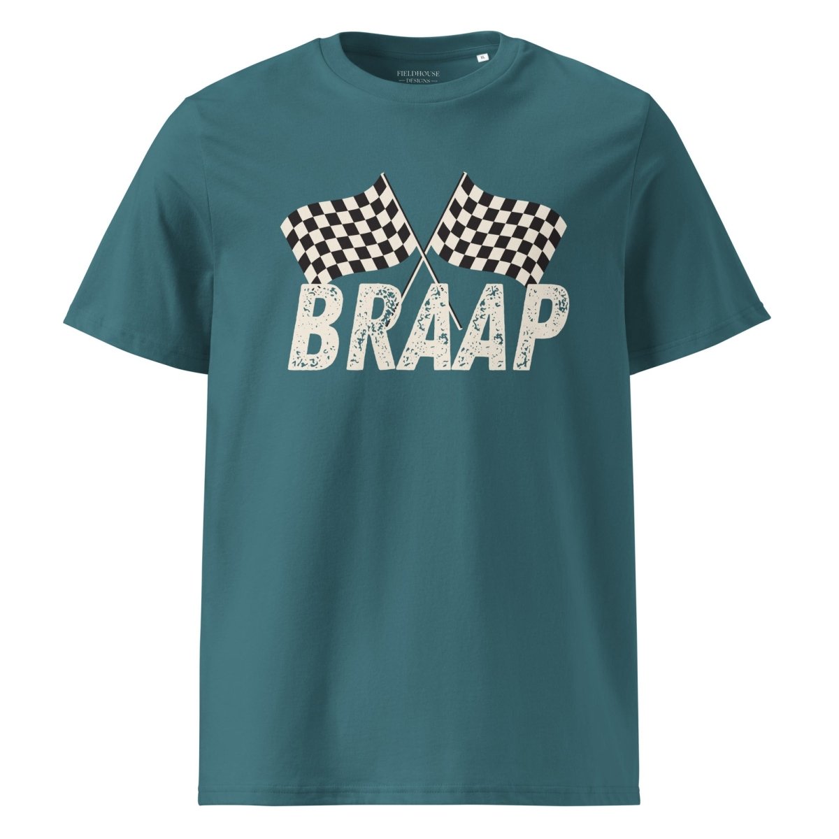 Teal t-shirt with 'BRAAP' and checkered flags design on a white background