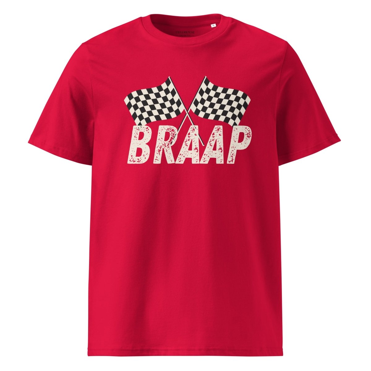 Red t-shirt with checkered flags and 'BRAAP' text on a white background
