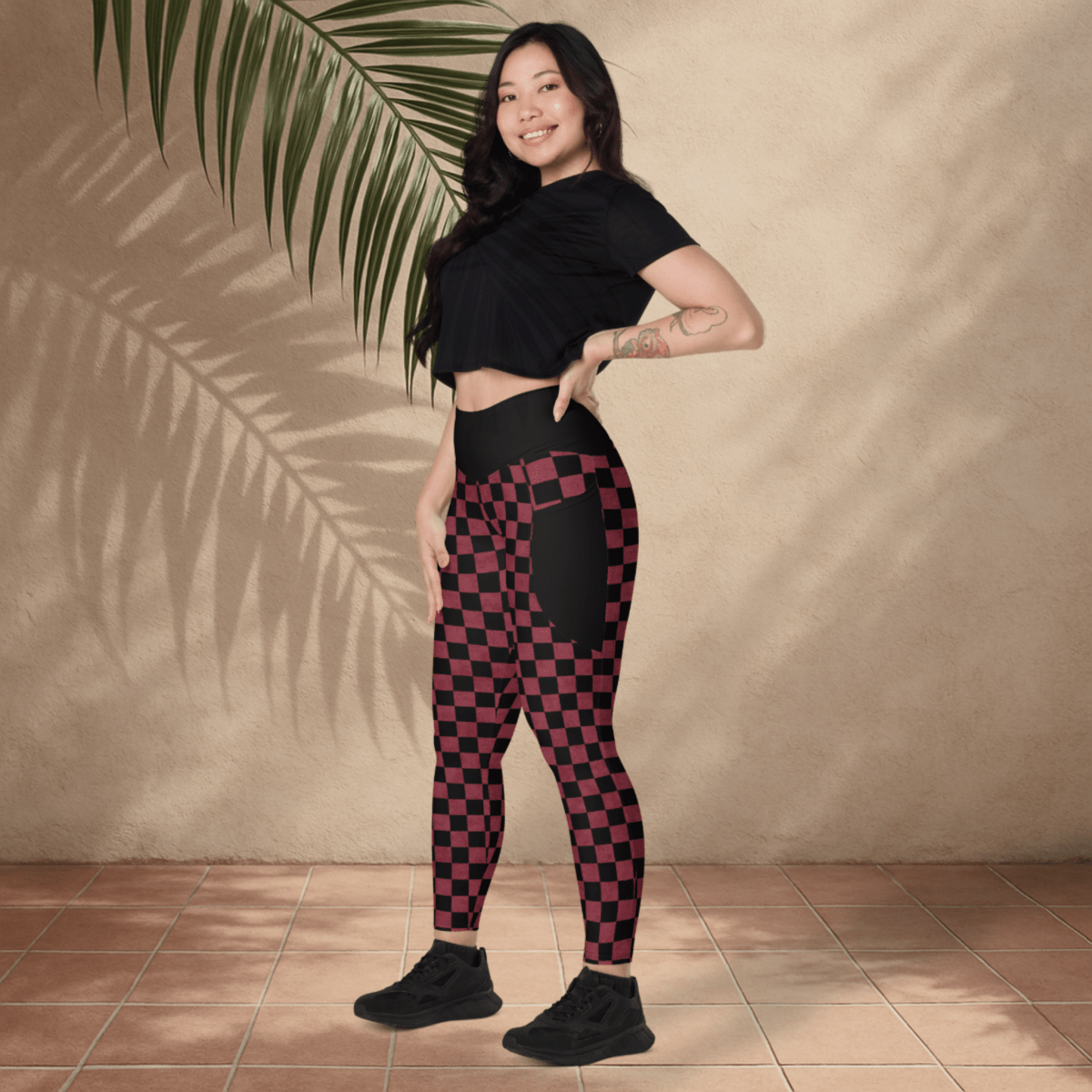Burgundy & Black Checker Pocket Leggings