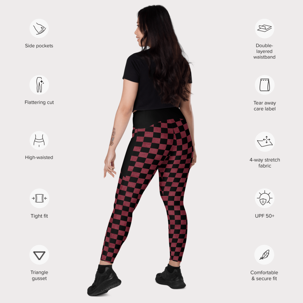 Woman wearing checkered leggings with feature icons on a white background