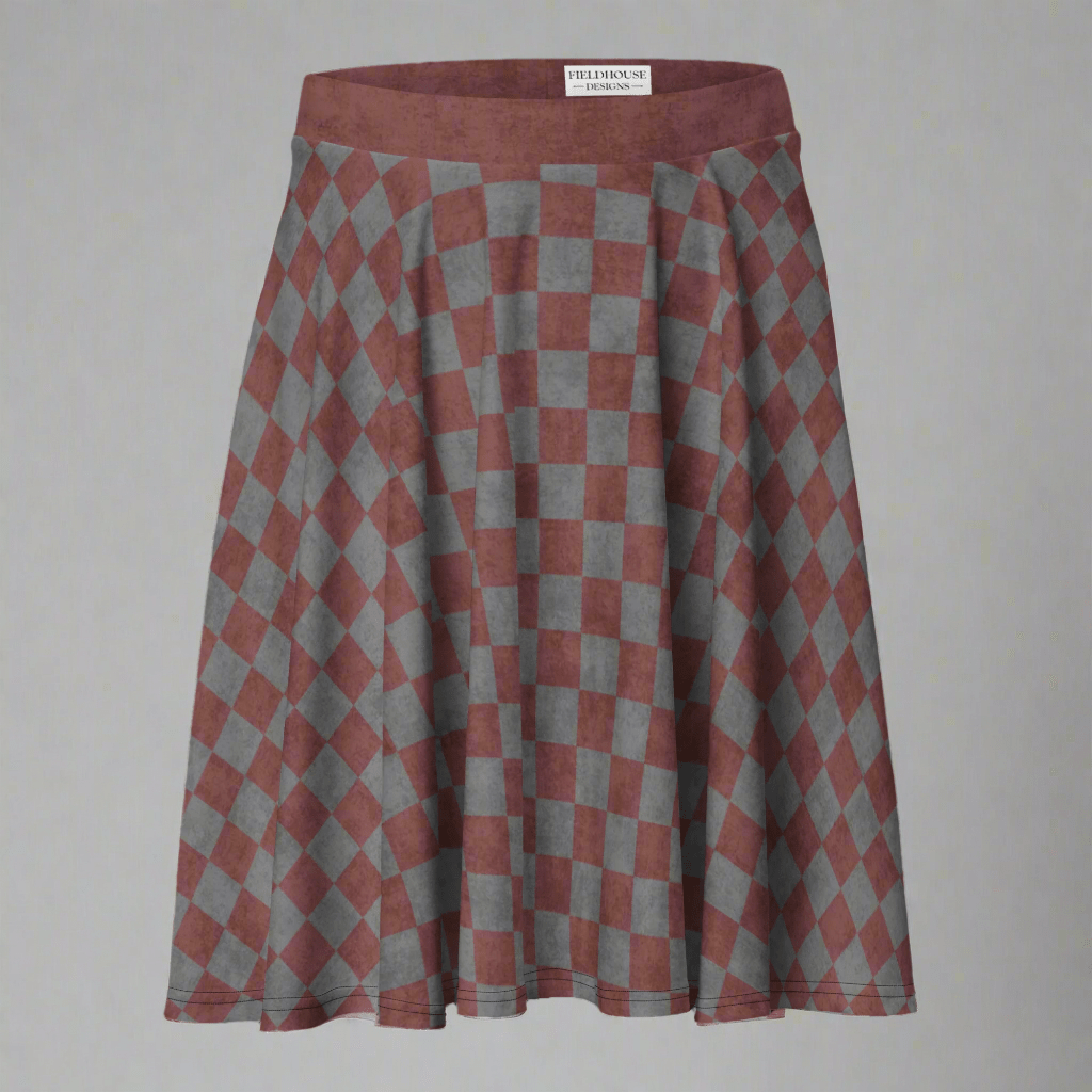 Checkered skirt with burgundy and gray pattern on a beige background