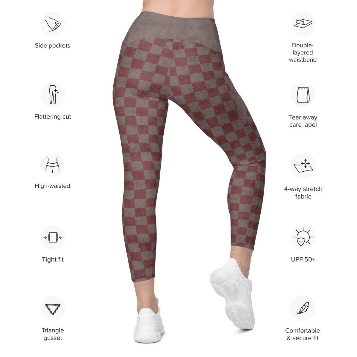 Checkered leggings with features listed on a white background