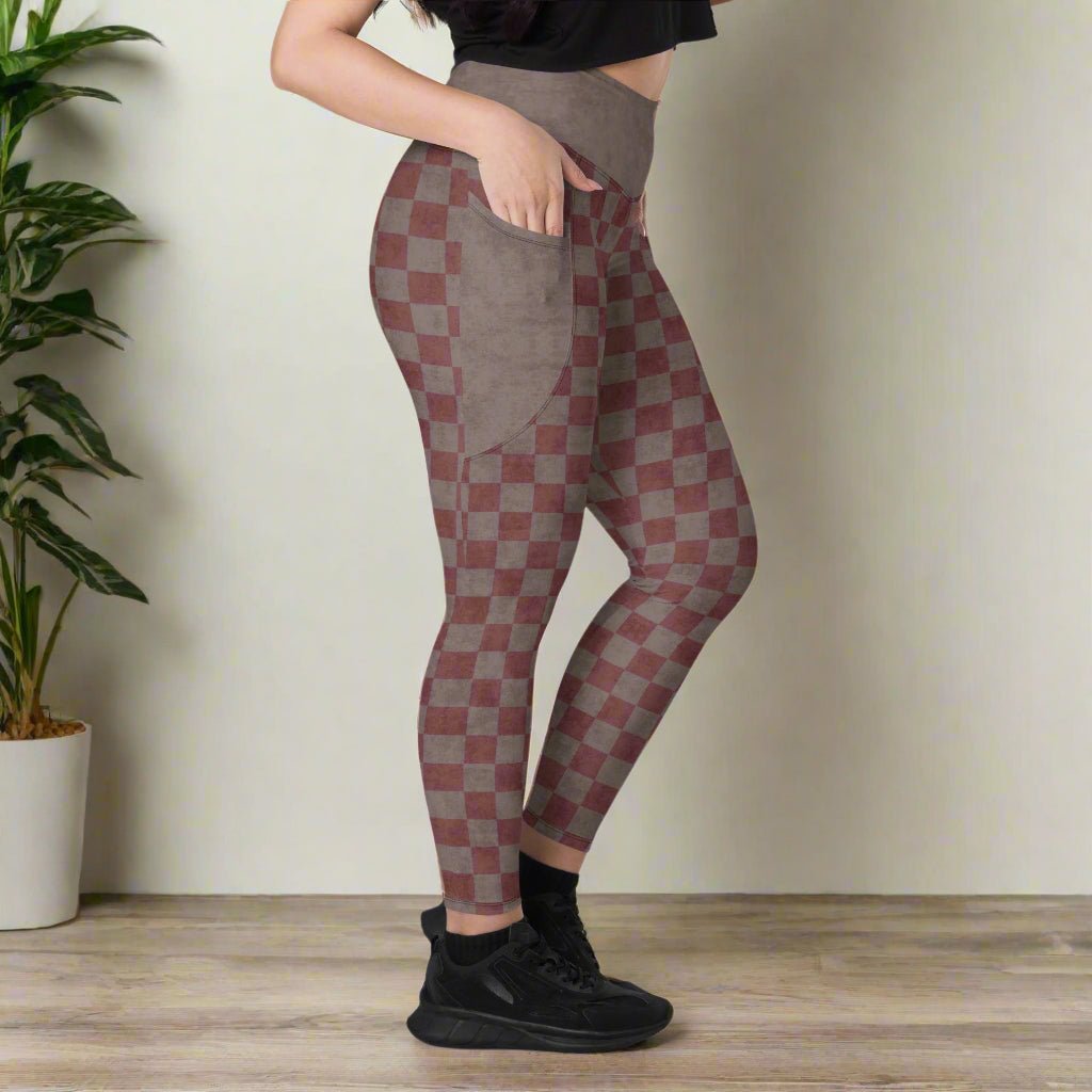 Person wearing burgundy and espresso checkered leggings