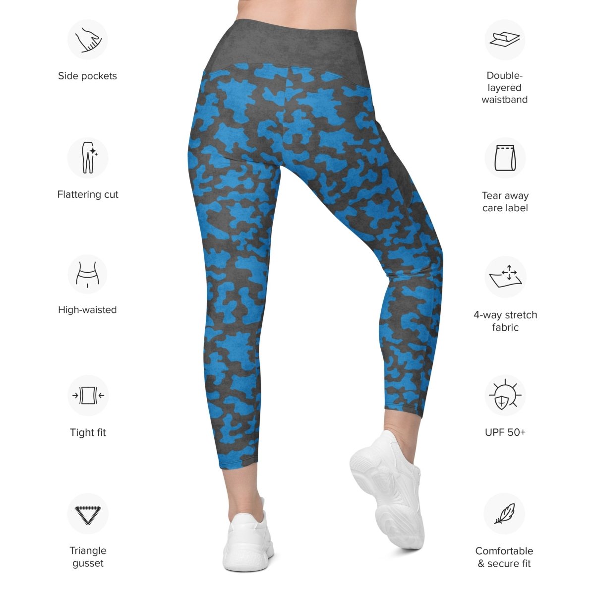 Blue and gray camouflage leggings with features listed on a white background