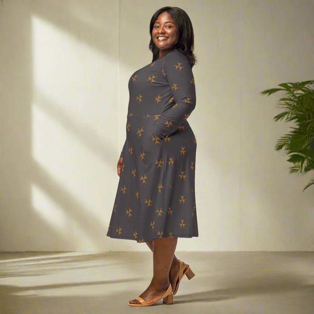 Woman wearing a gray dress with a subtle pattern on a neutral background