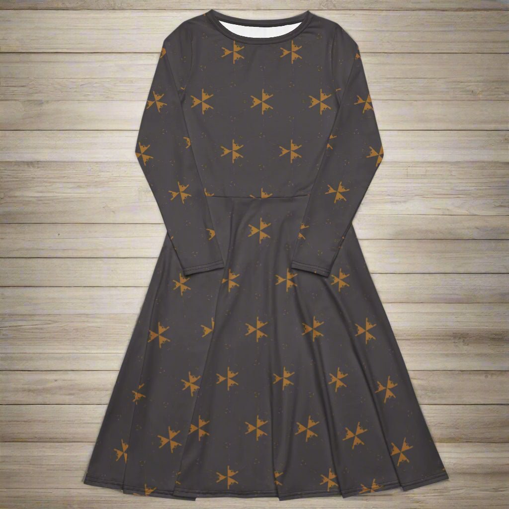 Dark gray dress with brown star patterns on a wooden surface