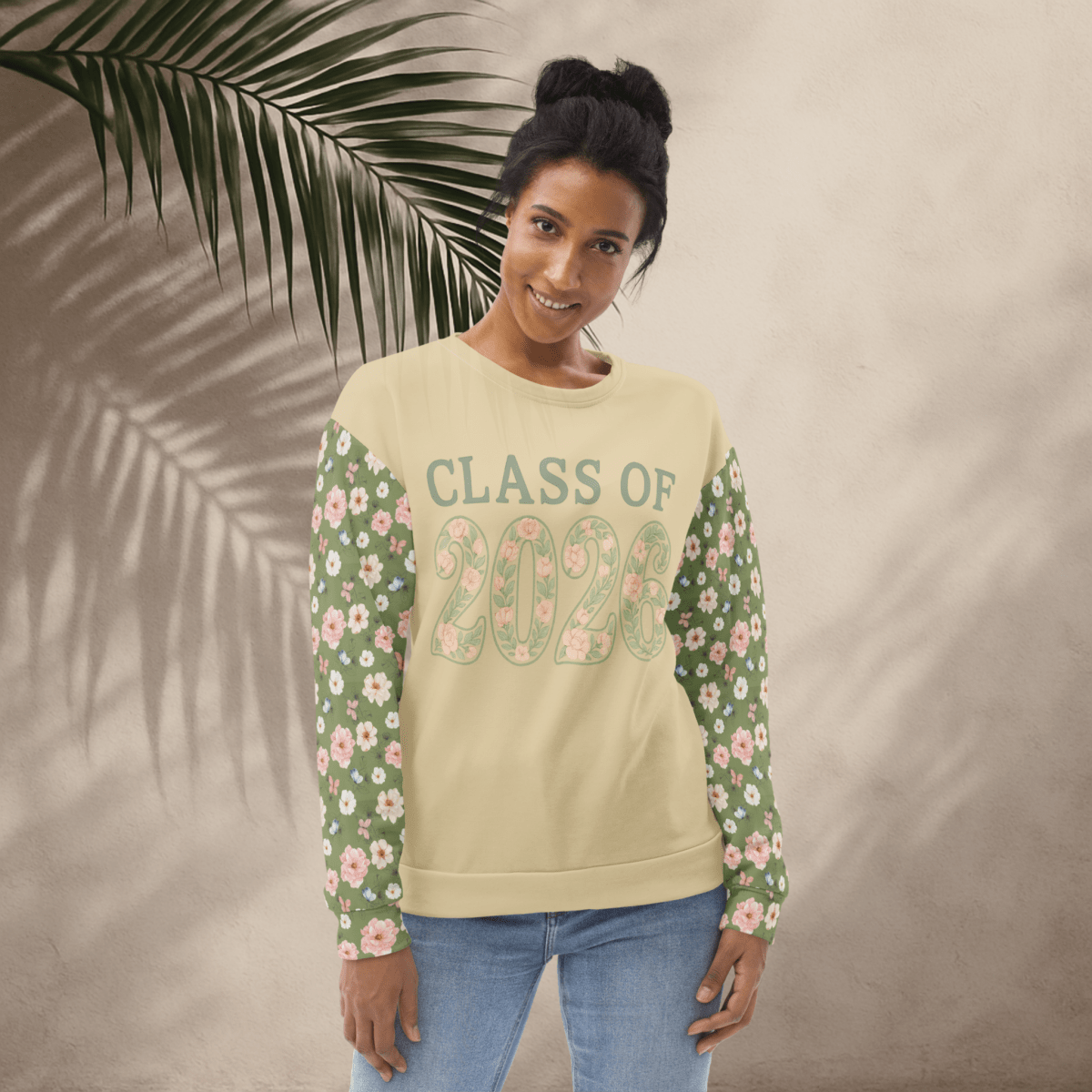 Class of 2026 Graduation Sweatshirt – Floral Lettering | Recycled All - Over Print Crew