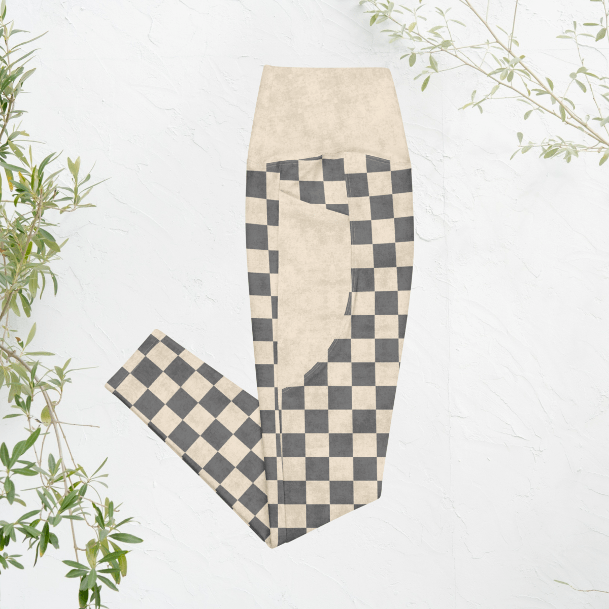 Cream & Gray Checkered Leggings – Minimalist Neutral Grid