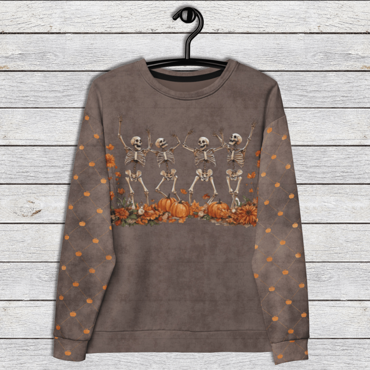 Crewneck Sweatshirt Brown Pumpkin Sleeves 2XS–6XL | Dancing Skeletons Halloween Graphic | Fall Pumpkin Patch Aesthetic