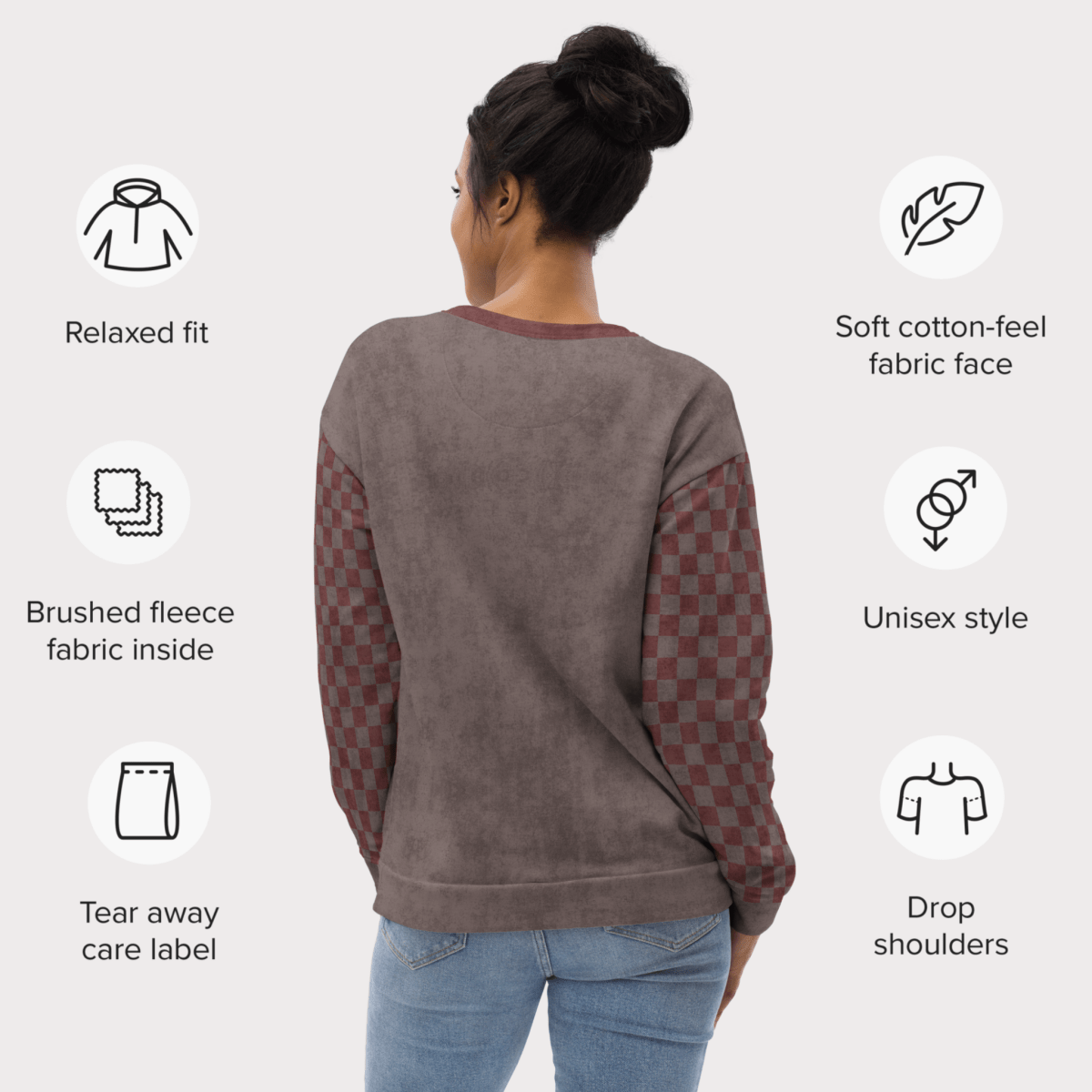 Crewneck Sweatshirt Espresso Burgundy Checkered Sleeves 2XS–6XL | Cozy Fall Aesthetic | “Flannels Hayrides Pumpkins” Graphic