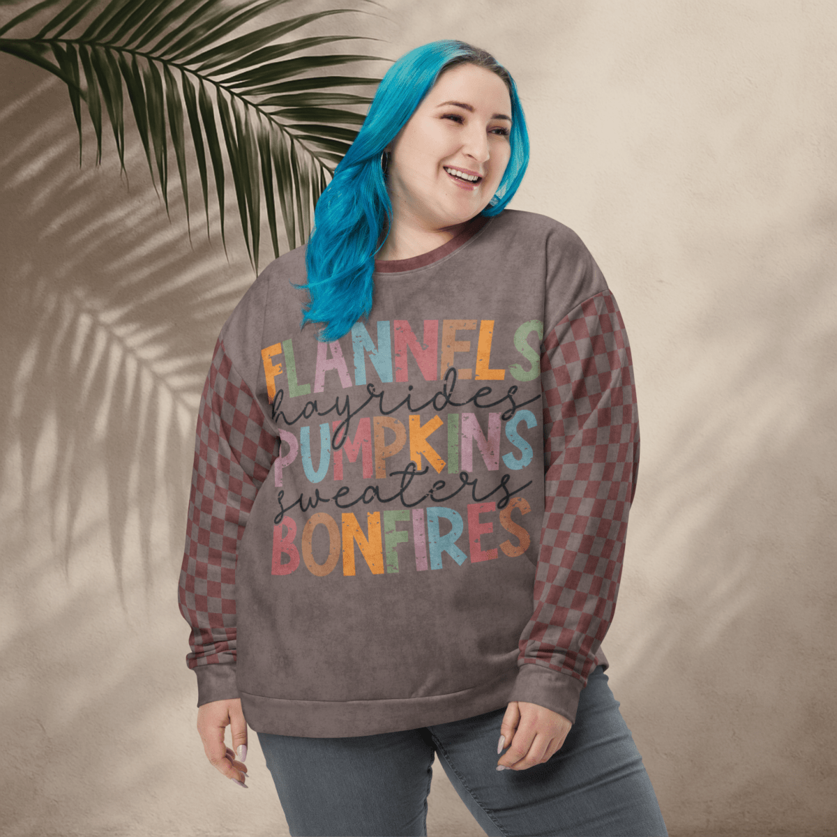 Crewneck Sweatshirt Espresso Burgundy Checkered Sleeves 2XS–6XL | Cozy Fall Aesthetic | “Flannels Hayrides Pumpkins” Graphic