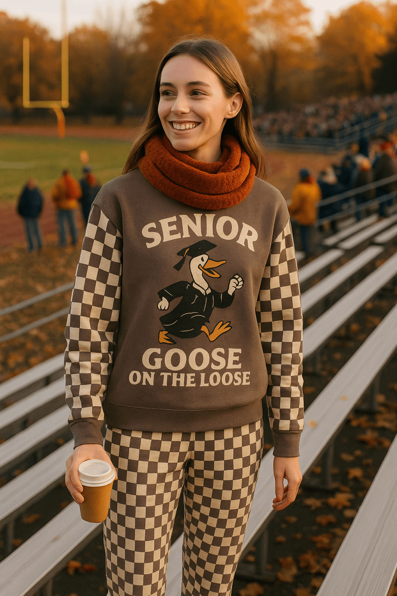 Woman wearing a 'Senior Goose on the Loose' sweater at a sports event.