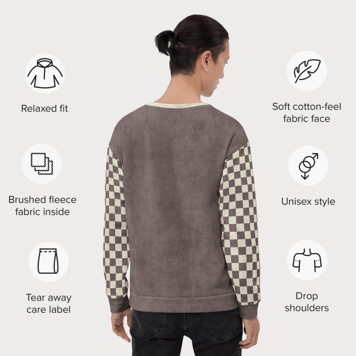 Person wearing a brown sweatshirt with checkered sleeves, surrounded by icons and text describing features.