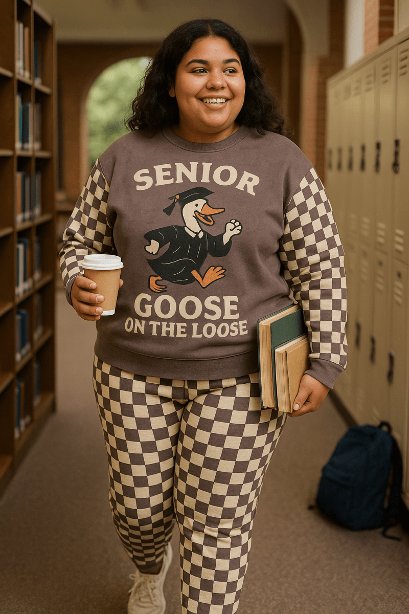 Person wearing a 'Senior Goose on the Loose' sweater in a school hallway.