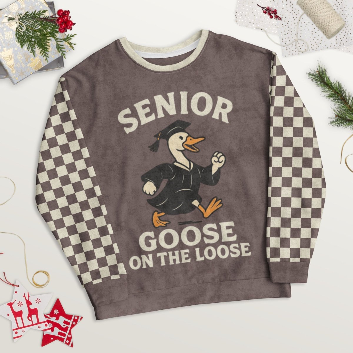 Sweatshirt with 'Senior Goose on the Loose' design on a white background