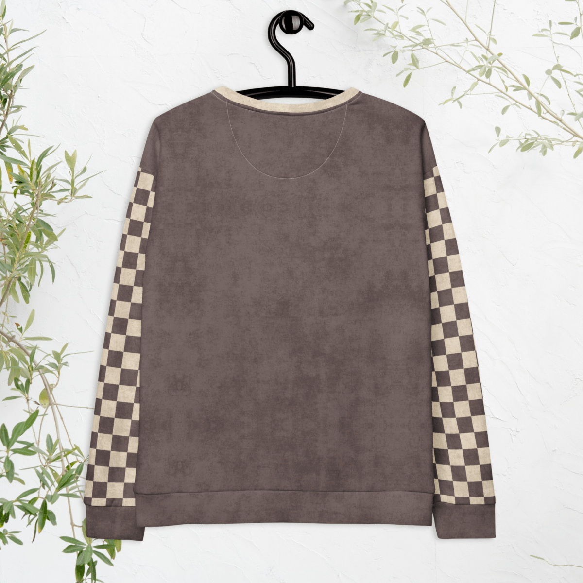Crewneck Sweatshirt Espresso Checkered Sleeves 2XS–6XL | Vintage Halloween Cozy | Spooky Season Skeleton & Owl Graphic