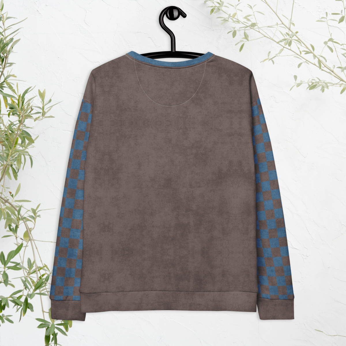 Crewneck Sweatshirt Espresso & Denim Checkered Sleeves 2XS–6XL | Farmhouse Coffee Lover | “I Run on Caffeine, Cows & Cuss Words” Graphic