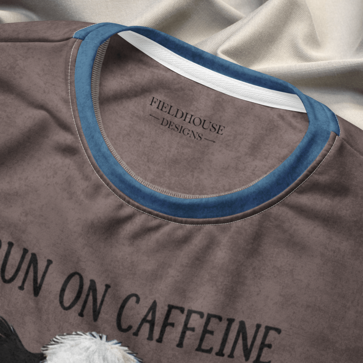 Crewneck Sweatshirt Espresso & Denim Checkered Sleeves 2XS–6XL | Farmhouse Coffee Lover | “I Run on Caffeine, Cows & Cuss Words” Graphic